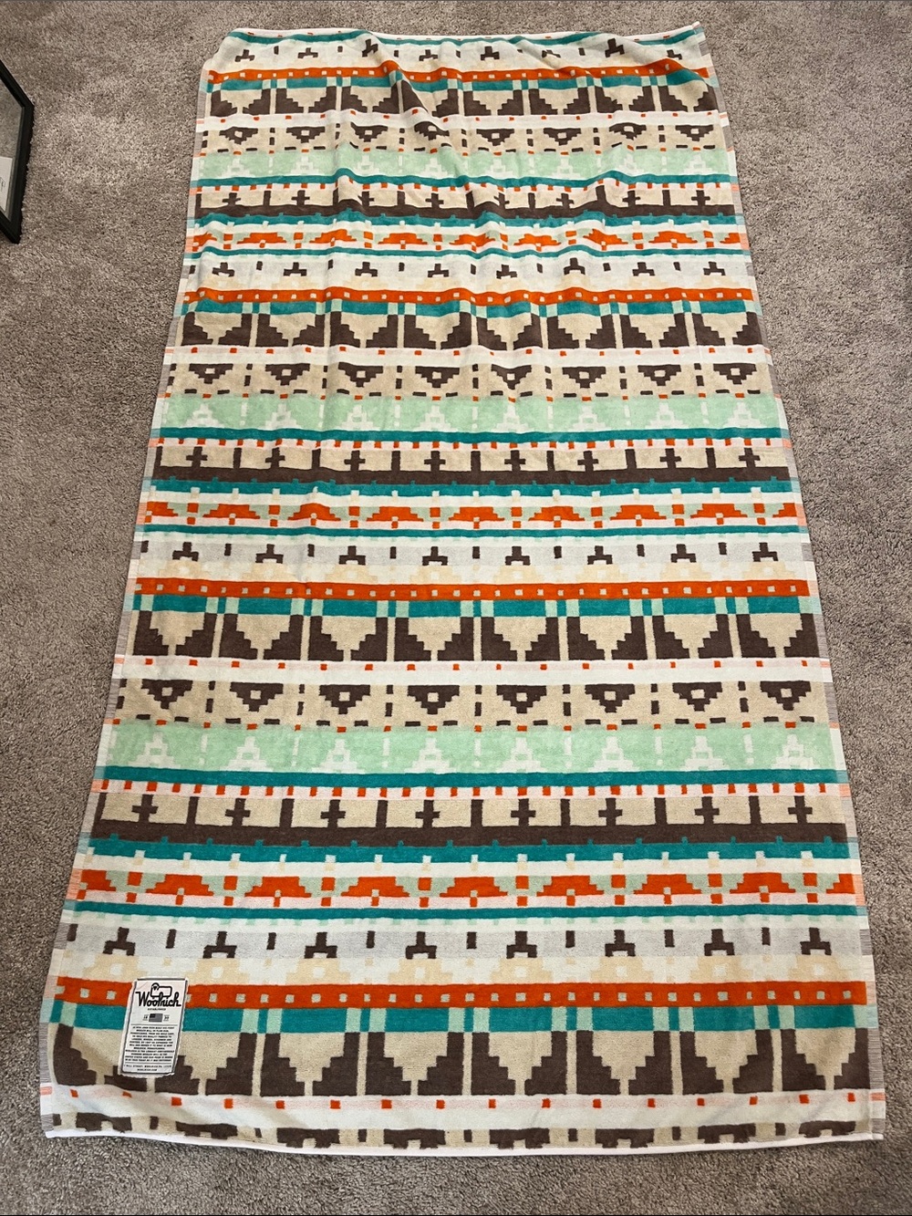 Woolrich Southwestern Stripe Towel in Teal, Orange, Brown, Cream